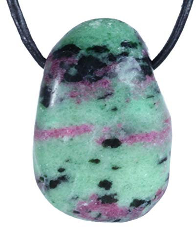 Lebensquelle Plus Tropfen Anhänger mit Baumwollband + Edelsteinkarte | Set-Angebot Echter Edelsteinanhänger | Gebohrter Trommelstein Tropfenanhänger (Zoisit mit Rubin)