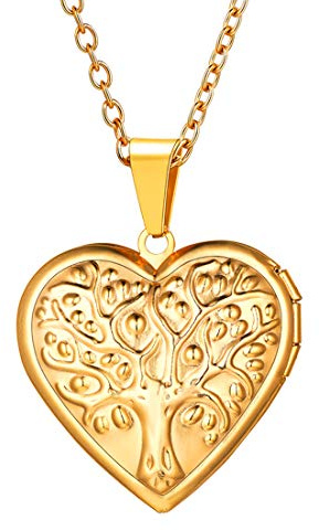 U7 Collana Donna Foto Personalizzata Pendente Medaglione Cuore Albero della vita Locket Ciondolo Portafoto + Catena Regolabile, Placcato Oro, Regalo Perfetto con Confezione