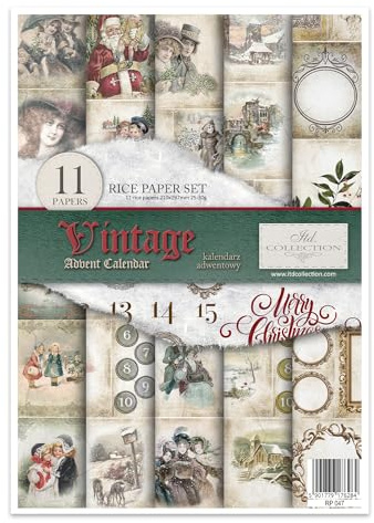 ITD Collection - Reispapier Kreativset A4 Decoupage Rice Paper Sheet 29,7 x 21 cm Serviettentechnik Mehrfarben (Vintage Advent Calendar, RP047)