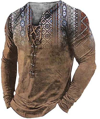 Mens Henley Shirts Vintage Ethnic Style Tops Distressed Lace Up Blouse Long Sleeve Distressed Outdoor Tee Shirts Gym Shirts Khaki