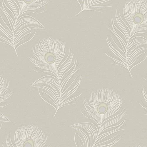 Pavona Taupe Silver Wallpaper Peacock Bird Feather Print - Textured Heavyweight Italian Vinyl