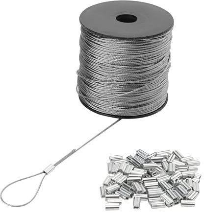 ZEONHAK 1mm Wire Rope, 400ft/122m Stainless Steel Sire Spool, Length Aircraft Cable with 100 Pcs Crimping Clamps Loop Sleeve, 7x7 Strand Core