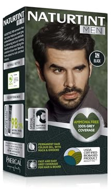 Naturtint Mens Permanent Hair Colour Gel 1N Black for Hair Beard and Moustache. Ammonia Free, up to 100% Grey Coverage, Natural Looking Long Lasting Results