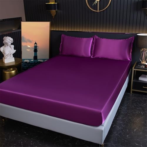 Grewod Topper Spannbettlaken 180x200cm Höhe 20 cm, Satin Spannbetttuch Dunkellila Einfarbig Spannleintuch