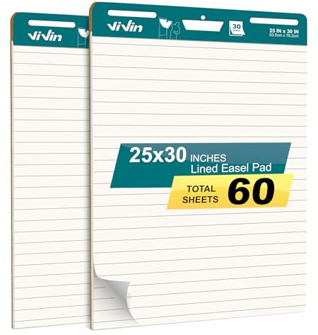 ViVin Lined Sticky Easel Pad, 25 x 30 Inches Flip Chart Paper for Teachers and Students, Large Self Stick Easel Paper, Teacher Anchor Chart, 30 Sheets/Pad, 2 Pads/Pack