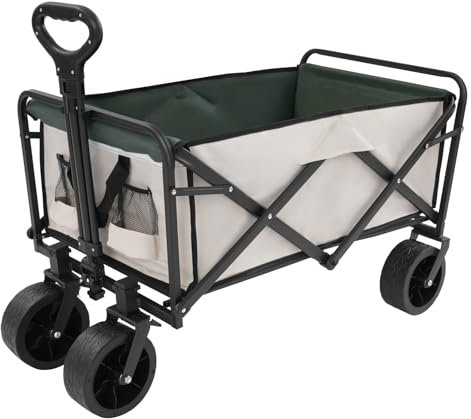Bollervagn vikbar med bromsar, transportvagn vikbar handvagn, trädgårdsvagn upp till 115 kg lastkapacitet, rullvagn för strand trädgård camping shopping 89,5 x 51 cm khaki