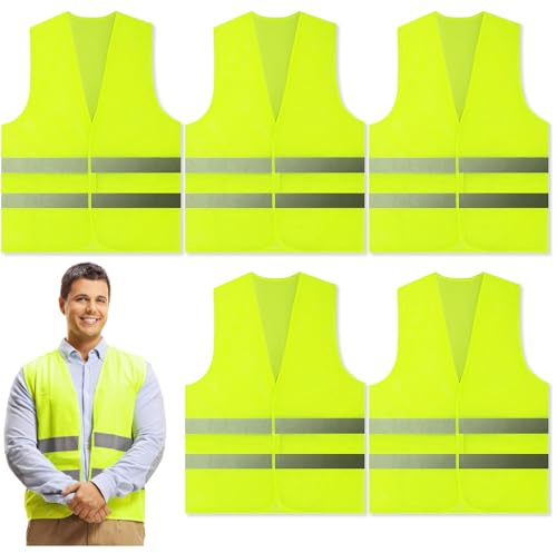 Warnwesten Auto 5 Stück Sicherheitsweste Auto Warnweste Grün 360° Reflektierend Sicherheitsweste, Pannenweste, Sicherheitsweste für Erwachsene, Kinder, Warnweste für Nacht,Bauarbeiter,Autofahrer