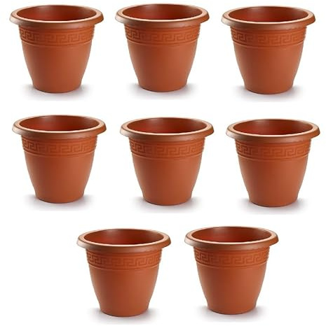 pcmoviles – Pack de 8 Macetas Redondas de 22 cm Color Terracota | Macetas de Plástico Resistentes para Interior y Exterior | Diseño Clásico y Ligero