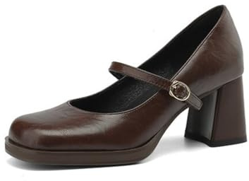 Femmes Vintage Mary Jane Pompes Boucle Détail Bloc Talons Bout Carré Classique Rétro Faux Cuir Tige Élégant Bureau Soirée Robe Chaussures,Marron,38.5 EU