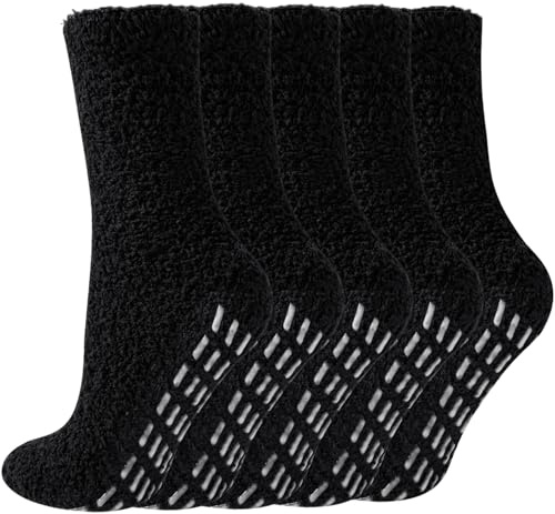 VoJoPi Winter Fluffy Slipper Socks for Women - Soft Cosy, No Slip, 5 Pairs Ladies Warm Thermal Fuzzy Bed Socks for Sleeping Home Casual Gifts, Size UK 4-8