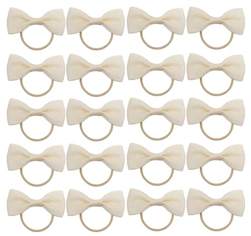 20 Pieces Hair Accessories, Hair Bow, Bows for Hair, Girls Bobbles Bows School Bands, Elastics Hair Bands for Girls, Small Ribbon Clips Hairbands Holder Set (Off-white)