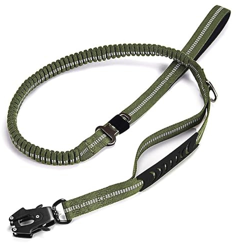 Quppa Laisse Tactique pour Chien, avec Mousqueton à dégagement Rapide, réfléchissante, Ceinture de sécurité pour Voiture, Laisse élastique résistante avec Amortisseur pour Chiens, Vert Militaire