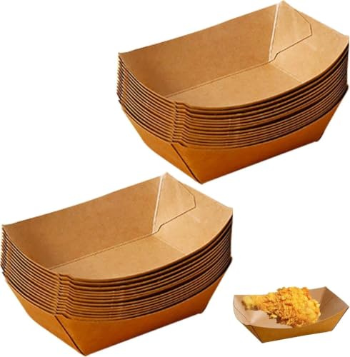 Gykutix 100Pcs Cuencos Aperitivos Desechables Bandejas de Cartón Kraft Cuenco Tipo Barco de Cartón para Patatas Fritas Snack Curry Salchicha Ensalada Macarons Aperitivos