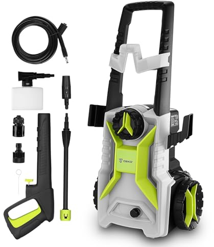DEKOPRO Hidrolimpiadora de 1650W Aplicable para El Hogar, El Jardín O El Coche, con Un Caudal de 300 L/h, Una Presión de 135 Bares, y Equipada con Conectores Rápidos y Boquillas Regulables