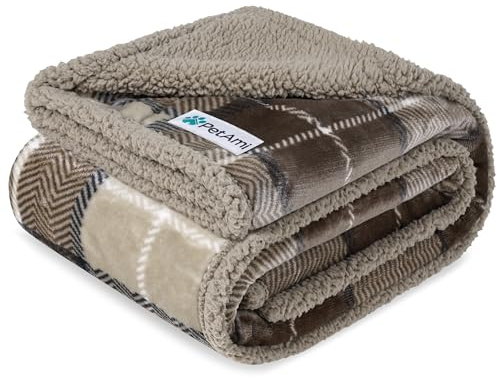 PetAmi Vattentät hundfilt för liten medium hund valp kattöverkast för sofföverdrag läckagesäkert skydd, sherpa fleece, vändbar mjuk tvättbar 29 x 40 rutig brungrå