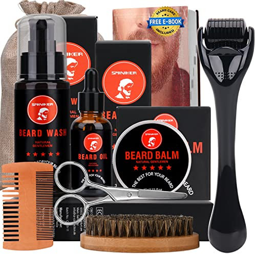 Kit Barbe Homme Pour barbe 10 en 1 Kit Soin Barbe Homme avec Huile à barbe, Pinceau à Barbe, Peigne à Barbe, Baume à Barbe, Shampoing, Peigne à Modeler et Ciseaux à Moustache