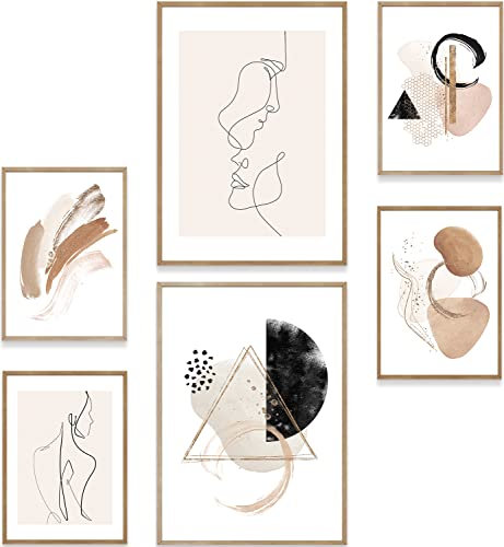 MUUDLY® Set di poster astratto Line Art beige, 6 moderni quadri da parete (2 × A3, 4 × A4), eleganti immagini per soggiorno, camera da letto, decorazione minimalista da parete senza cornice
