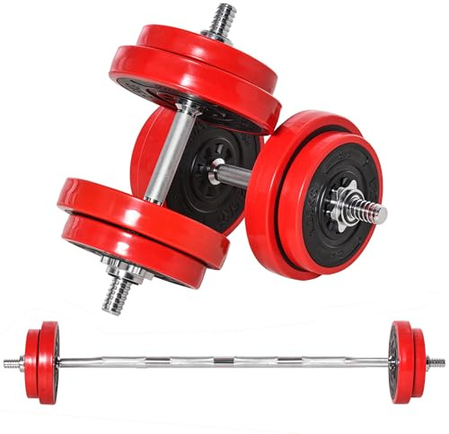 HOMCOM Set di Manubri Pesi 2 in 1 da 20kg, Dischi con Rivestimento in Plastica Antigraffio, Rosso e Nero