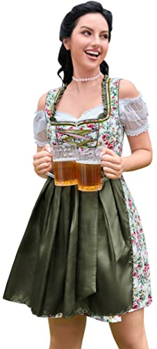 GloryStar Women German Dirndl Dress Traditional Bavarian Beer Garden 3 Pieces Oktoberfest Costumes Summer Green S