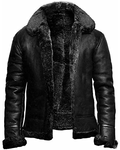 Hommes B3 Bombardier Véritable Veste en Cuir Aviateur ， Moelleuse À Manches Longues Épais Manteau Mouton Aviateur Jeste en Cuir Réel pour Voyager, Fête, Vacances (Color : Schwarz, Size : M)