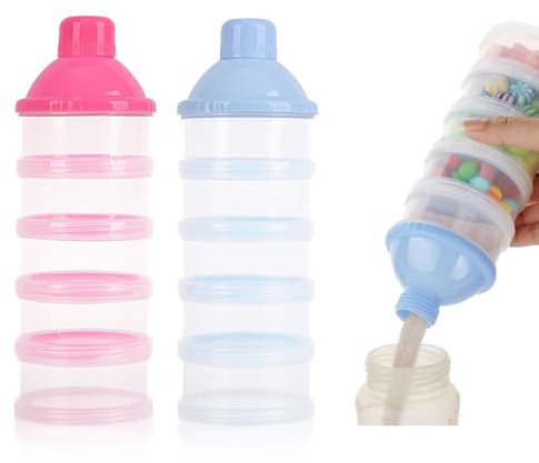 5-Lagiger Milchpulver-Portionierer, Tragbarer Milchpulverspender, Säuglingsnahrungskasten für Reise und Nachtzeit, Rosa + Blau, 2 Stück, BPA-frei