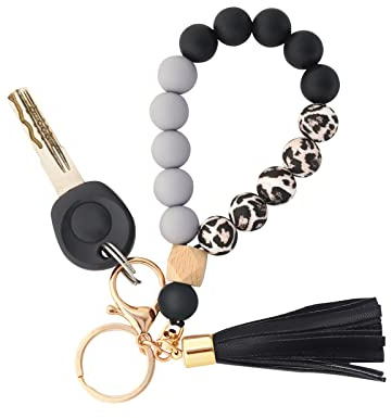BAOSIWA Silicone Key Ring Bracelet Black Leopard Wristlet Keychain Unique Beaded Bangle Key Chains for Women with Leather Tassel