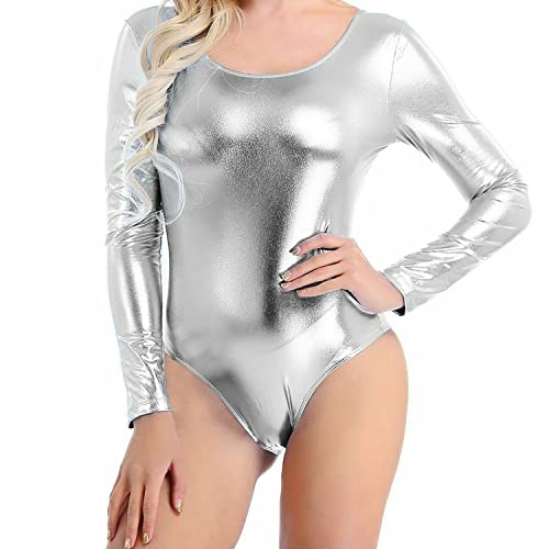 Prime fashions – Women’s Long Sleeve Leotard PVC Leather/Wet Look - Shiny Metallic Bodysuit (Silver, S-M)