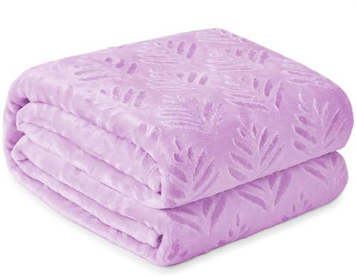 Exclusivo Mezcla Double Size Fleece Blanket for Bed, Super Soft and Warm for All Seasons, Plush Fuzzy Leaves Pattern Blanket, Lilac Purple, 150x200 CM