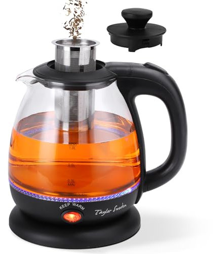 Taylor Swoden Hervidor de Agua Eléctrico de Vidrio Borosilicato 1L, 2200W, Hervido Rápido, Función Mantener Caliente, Infusor de Té Extraíble, Base 360°, Apagado Automático, Libre de BPA