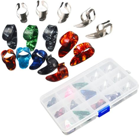 CIMAXIC 15Pcs Thumb and Finger Picks Plectrum Set with Plastic Case - Flat Thumbpicks for Bass - Mandolin - Banjo - Musical Instrument Finger Protectors
