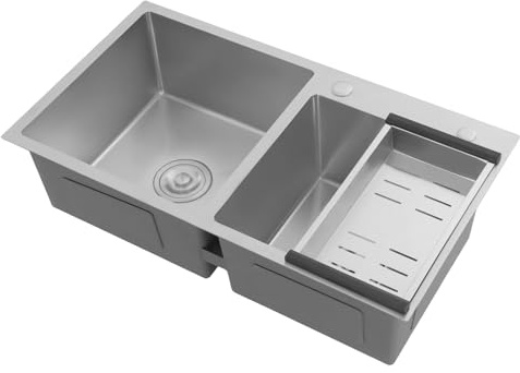 Inbyggt handfat i rostfritt stål, fyrkantig diskbänk, dubbel diskbänk med diskho, handfat dubbeldiskbänk med dräneringsyta 78 x 43 x 21 cm utan köksarmatur
