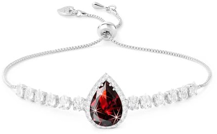 Linawe Red Crystal Imitation Diamond Charm Silver Bracelets for Women, Garnet Rhinestone Birthstone Moissanite Cubic Zirconia Chain Bracelet Set, Prom Costume Wedding Jewellery