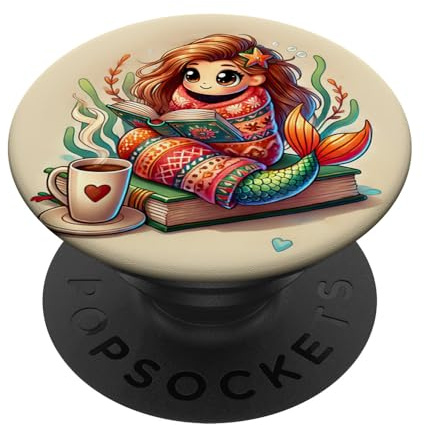 Cozy Bookish Cute Mermaid Reading PopSockets Adhesive PopGrip