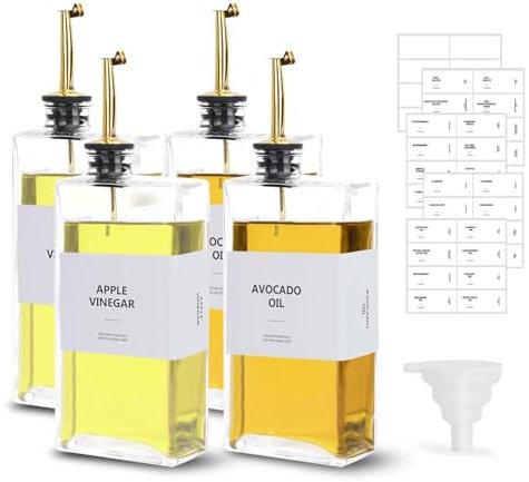 sunal Olive Oil Dispenser,Set of 4 Gold Oil Dispenser Bottle for Kitchen,500ml/16.9 oz Glass Bottle with 4 Weighted Pourer,40 Waterproof Label,1 Silicone Funnel