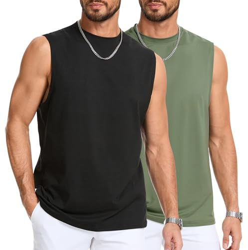 AMZSPORT Pack de 2 Camisetas sin Mangas para Hombre Camiseta Musculosa Deportiva para Hombre Fitness Gimnasio Culturismo Entrenamiento Workout Negro Verde L