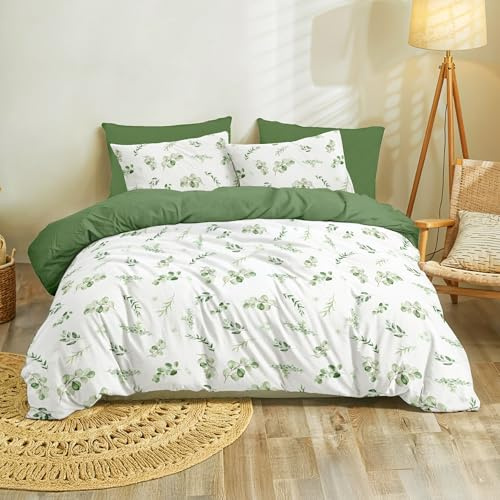 Dreamzie - Bettwäsche Set 220x240 cm Botanic-Motiv Salbeigrün mit 2 Kissenbezügen 50x70 cm - Bettwäsche 220x240 Einzelbett aus 100% Mikrofaser - Zertifiziert ohne Chemikalien (Oeko TEX)