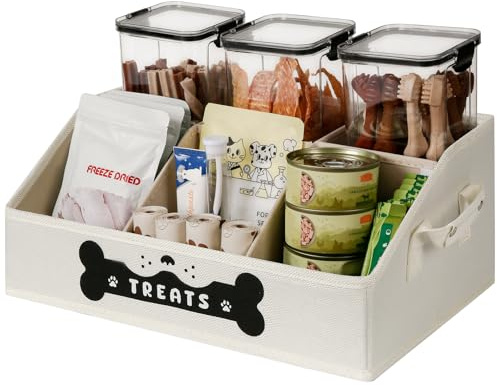 Dog Treat Container, Dogs Storage Organizer with Removable Dividers, Collapsible Dogs Treat Holder for Countertop, Trapezoid Pet Treats Containers, Dog Toy Basket with PU Handles, Medium, Beige