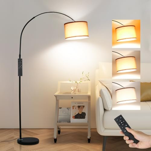 ANTENLICHT AURA Lampada ad Arco con Telecomando | Lampada da Terra Dimmerabile | Con LED E27, Paralume in Lino 33 cm Marrone | Interruttore a Pedale | Design Vintage per Camera, Hotel