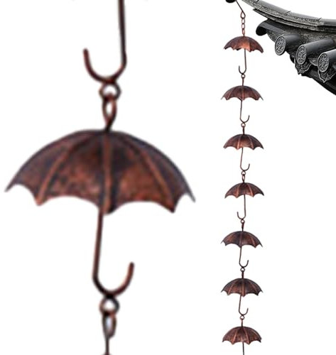 Obelunrp Chaînes de Pluie pour gouttières, 1M Metal Suspendus de Pluie Suspendus avec 8 Tasses Parapluie, Ornements décoratifs à la Rouille, chaînes pour Les Descente extérieure