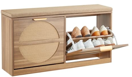 VEVOR Banc à chaussures d'entrée 98x24x51,5 cm, banc rangement avec tiroirs rabattables, rangement pour chaussures 199,6 kg avec coussin, 4 compartiments, portes en rotin, pour couloir, salon, chambre
