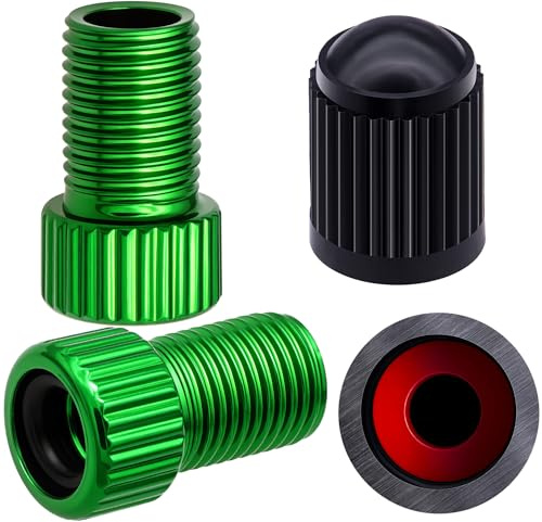 MEAJOO 2PCS Presta Valve Adapter, Aluminum Convert Presta to Schrader Adaptor, Inflate Tire Using Standard Pump or Air Compressor for Bikes, 2 x Black Tire Valve Caps(Vertical Grain Style, Green)