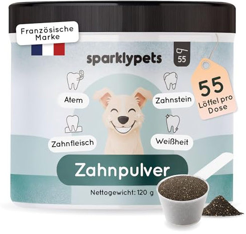SparklyPets - Polvere Dentale per Cani - Detergente Anti Tartaro e Placca, Sbiancamento Denti, Alito Cattivo, Gengive - Eucalipto, Prebiotici - Marchio Francese - 120 g (55 cucchiai)