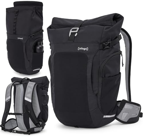 otinga Flow Rolltop ryggsäck kvinnor och män med 23–27 l volym och praktisk laptopryggsäck fack I perfekt som cykelryggsäck utan bagagehållare I reflekterande, vattentät ryggsäck män, svart, 23L
