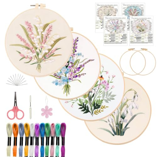 SHIPKEY 4 Sets Embroidery Kit, Cross Stitches for Beginners, Stamped FlowerC