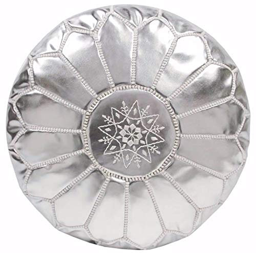 Poufs&Pillows Premium Kunstleder Pouf Silber - Handgefertigt - Gefüllt geliefert - Ottoman, Sitzsack, Fußhocker, Polsterhocker (Silber)
