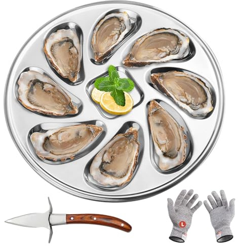 xianzhanEU 1 piatto per ostriche in acciaio inossidabile con 8 fessure con coltello per ostriche e guanti, utilizzabile per posizionare ostriche, capesante