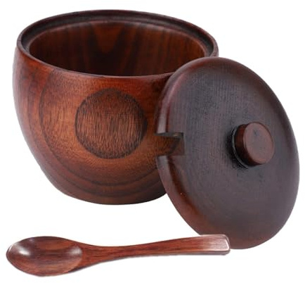 Azucarero de madera, condimento Caja de sal con tapa y cuchara para azúcar, sal, salsa, vinagre, pimienta