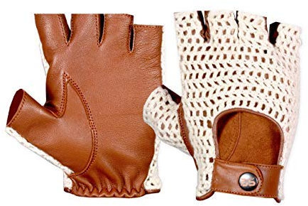 BUSINESS SQUARE BS Gants Mitaines de Conduite en Cuir Vachette et Crochet en Coton pour Homme Style Rétro Gants de Luxe sans Doigts Voiture Moto Vélo Cyclisme avec Sangle à Bouton-Pression (XXL)
