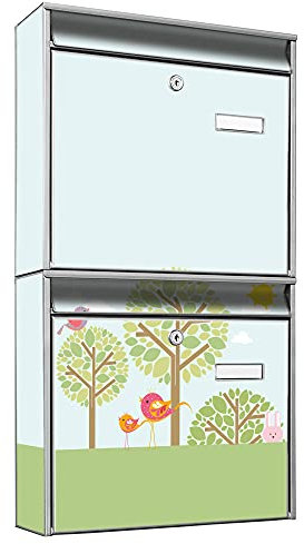 banjado Briefkastenanlage 2 Fach - 2 Briefkästen 36x64x10cm groß - Doppelbriefkasten Set - Namensschild, 2 Schlüssel, Montagematerial - Stahl verzinkt Silber - Motiv DREI Bäume