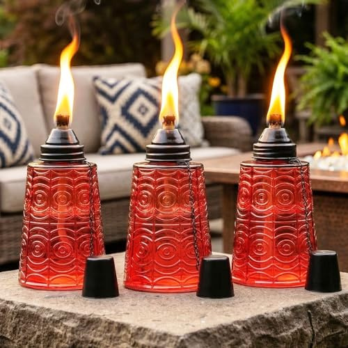 Torce con bruciatore a olio di citronella da tavolo per patio esterno Torcia in vetro decorativo da 16 once Lampada a olio di citronella Candele per terrazza esterna Festa in giardino Set di 3 Rosso